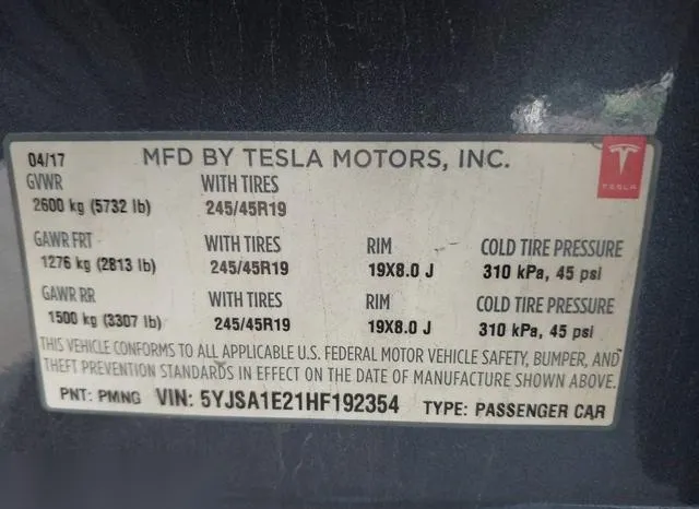 5YJSA1E21HF192354 2017 2017 Tesla Model S- 100D/60D/75D/90D 9