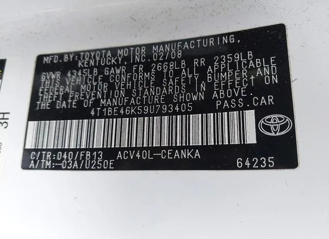 4T1BE46K59U793405 2009 2009 Toyota Camry- LE 9