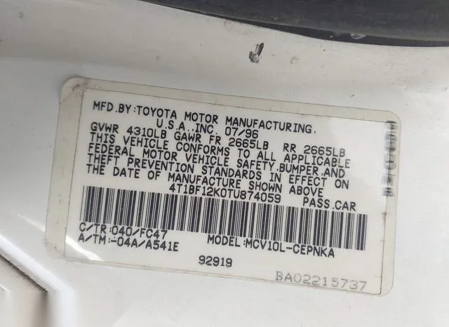 4T1BF12K0TU874059 1996 1996 Toyota Camry- Le/Xle/Se 9