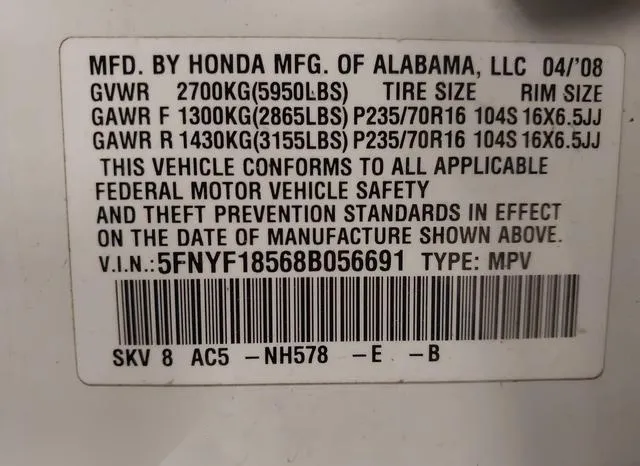 5FNYF18568B056691 2008 2008 Honda Pilot- Ex-L 9