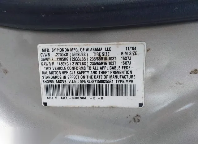 5FNRL38715B025581 2005 2005 Honda Odyssey- Ex-L 9