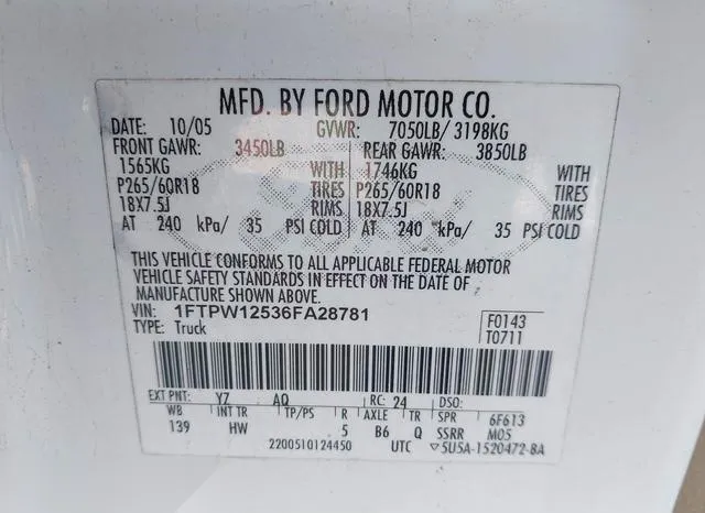 1FTPW12536FA28781 2006 2006 Ford F-150- Lariat/Xlt 9