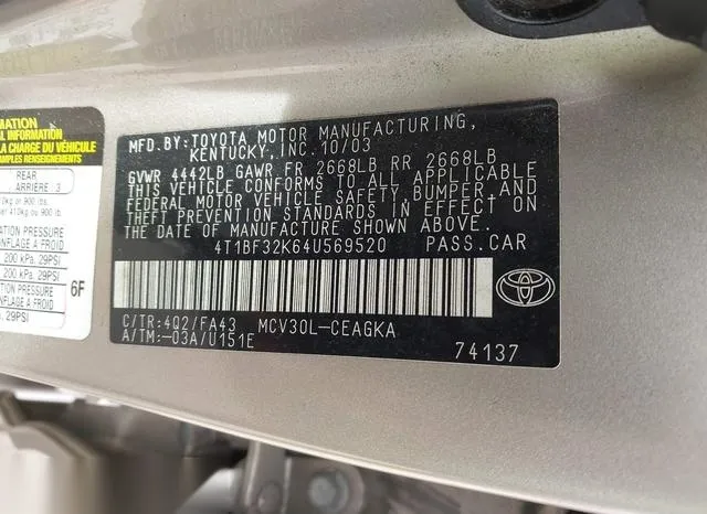 4T1BF32K64U569520 2004 2004 Toyota Camry- Xle V6 9