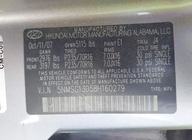 5NMSG13D58H160279 2008 2008 Hyundai Santa Fe- Gls 9