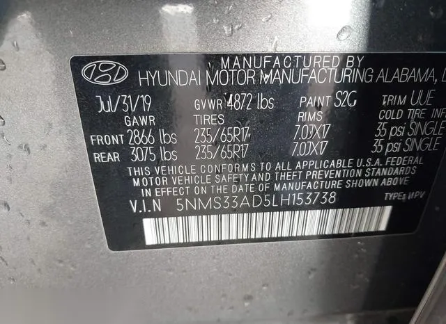 5NMS33AD5LH153738 2020 2020 Hyundai Santa Fe- Sel 9