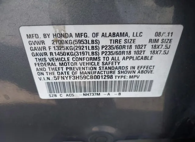 5FNYF3H59CB001298 2012 2012 Honda Pilot- Ex-L 9