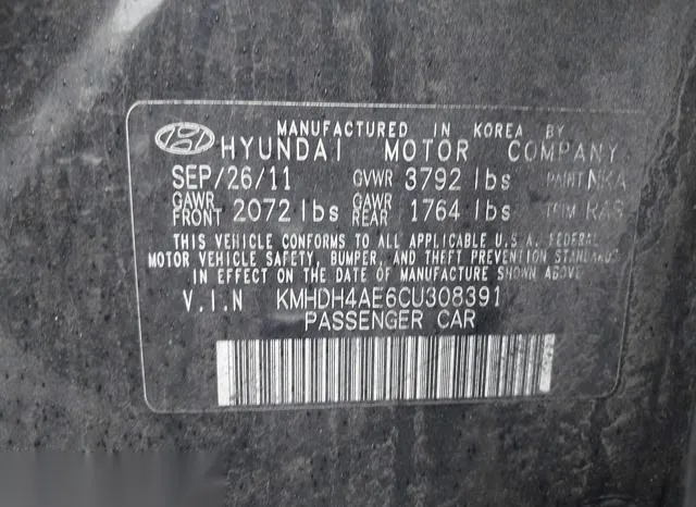 KMHDH4AE6CU308391 2012 2012 Hyundai Elantra- Gls -ulsan Plant- 9