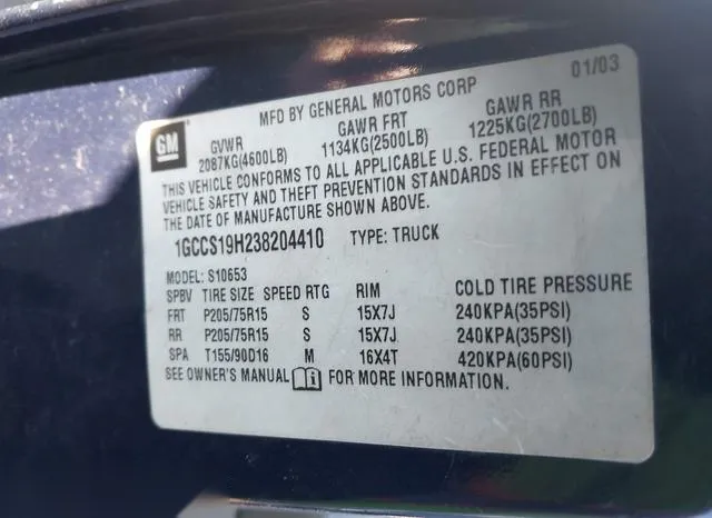 1GCCS19H238204410 2003 2003 Chevrolet S10 9