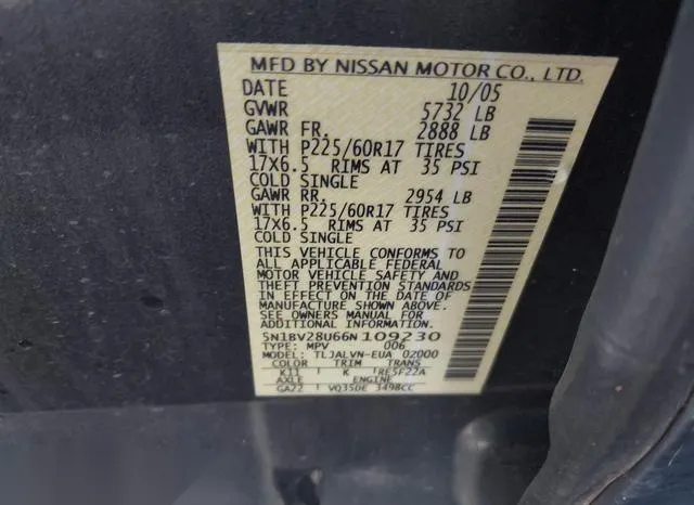 5N1BV28U66N109230 2006 2006 Nissan Quest- 3-5 SE 9