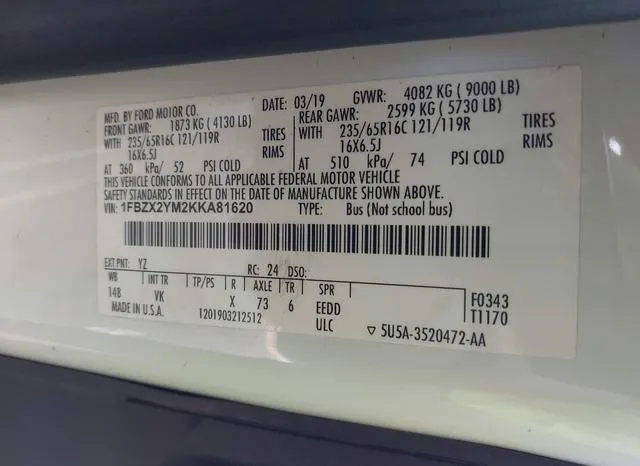 1FBZX2YM2KKA81620 2019 2019 Ford Transit-350- XL 9