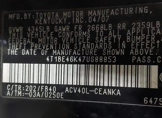 4T1BE46K47U688853 2007 2007 Toyota Camry- LE 9