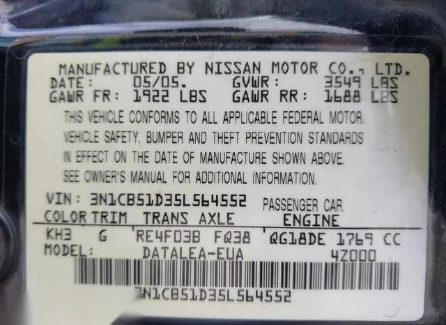 3N1CB51D35L564552 2005 2005 Nissan Sentra- 1-8S 9