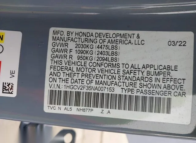 1HGCV2F35NA007153 2022 2022 Honda Accord- Sport 2-0T 9