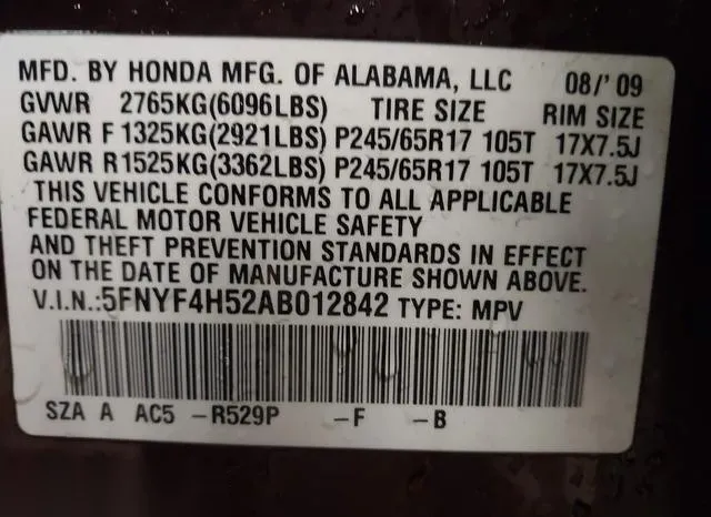 5FNYF4H52AB012842 2010 2010 Honda Pilot- Ex-L 9