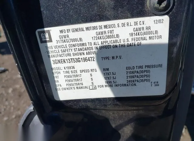 3GNEK13T53G196472 2003 2003 Chevrolet Avalanche 1500 9