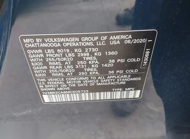 1V2BR2CA8MC505723 2021 2021 Volkswagen Atlas- 3-6L V6 Sel 9