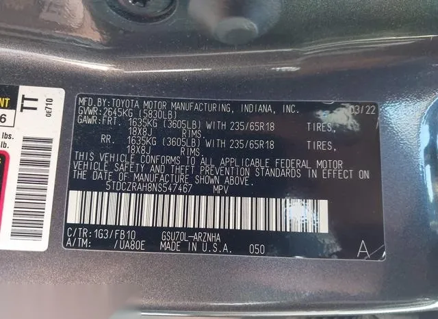 5TDCZRAH8NS547467 2022 2022 Toyota Highlander- L 9