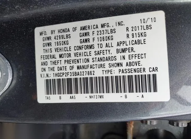 1HGCP2F35BA027862 2011 2011 Honda Accord- 2-4 LX 9