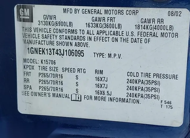 1GNEK13T43J106095 2003 2003 Chevrolet Tahoe- LT 9