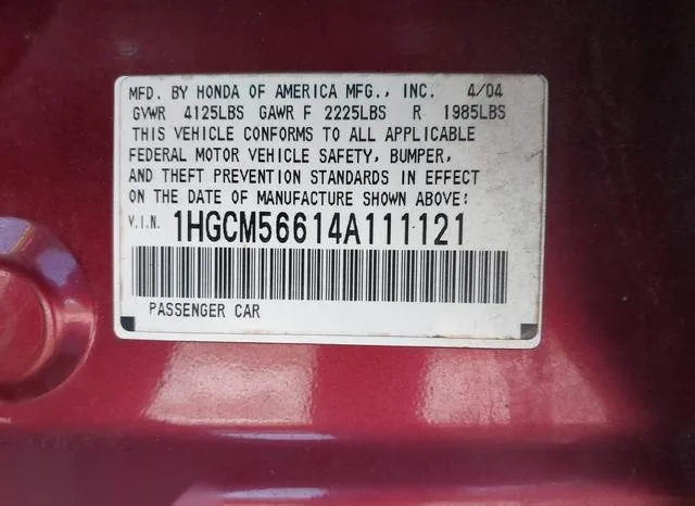 1HGCM56614A111121 2004 2004 Honda Accord- 2-4 EX 9