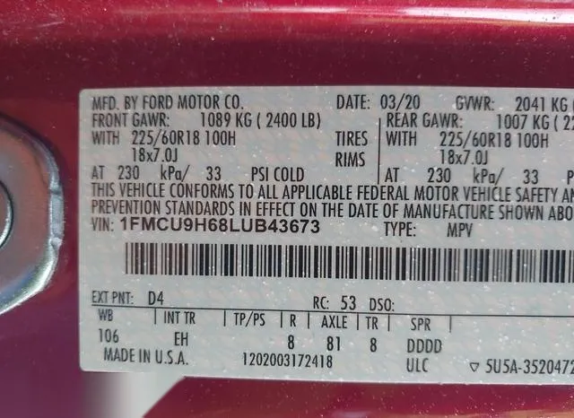 1FMCU9H68LUB43673 2020 2020 Ford Escape- Sel 9