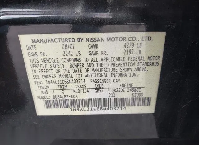 1N4AL21E68N403714 2008 2008 Nissan Altima- 2-5/2-5S 9