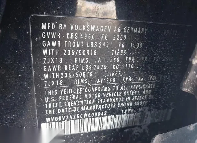 WVGBV7AX5CW608642 2012 2012 Volkswagen Tiguan- Se W/Sunroof 9