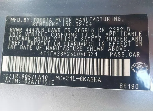 4T1FA38P25U048671 2005 2005 Toyota Camry- Solara Sle 9