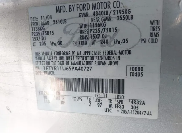 1FTYR11U65PA40727 2005 2005 Ford Ranger- Edge/Xl/Xlt 9