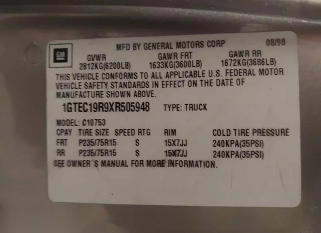 1GTEC19R9XR505948 1999 1999 GMC Sierra- 1500 Sle 9