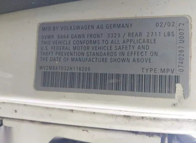 WV2MB47032H116209 2002 2002 Volkswagen Eurovan- MV 9