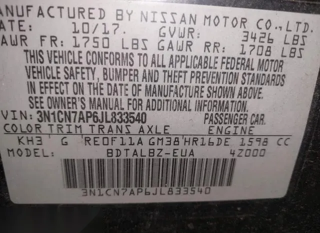 3N1CN7AP6JL833540 2018 2018 Nissan Versa- 1-6 SV 9