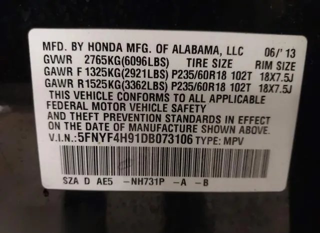 5FNYF4H91DB073106 2013 2013 Honda Pilot- Touring 9