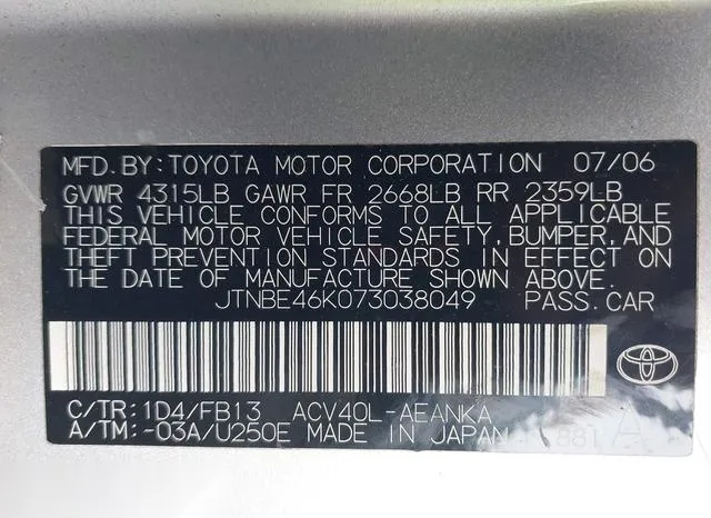 JTNBE46K073038049 2007 2007 Toyota Camry- LE 9