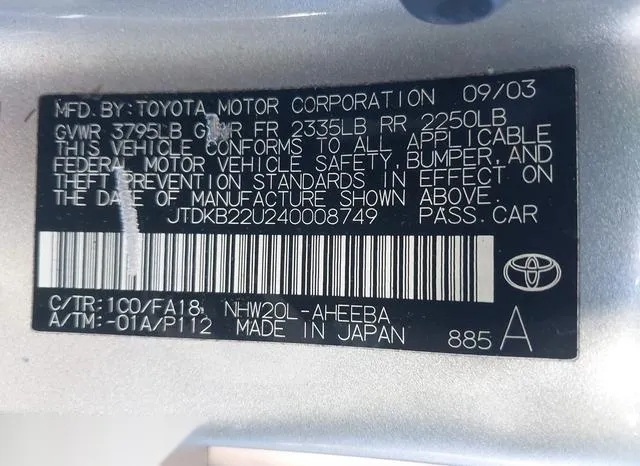 JTDKB22U240008749 2004 2004 Toyota Prius 9