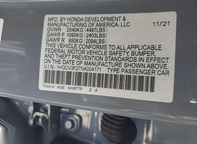 1HGCV3F27NA004171 2022 2022 Honda Accord- Hybrid Sport 9