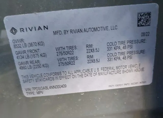 7PDSGABL4NN000409 2022 2022 Rivian R1S- Launch Edition 9