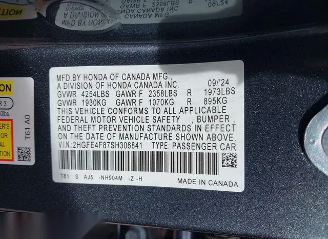 2HGFE4F87SH306841 2025 2025 Honda Civic  Hybrid- Sport/Spor 9