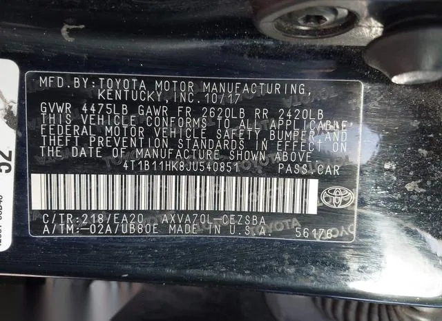 4T1B11HK8JU540851 2018 2018 Toyota Camry- SE 9