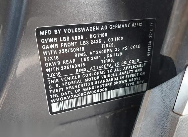 WVGAV7AX6CW006005 2012 2012 Volkswagen Tiguan- SE 9