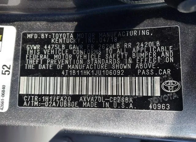 4T1B11HK1JU106092 2018 2018 Toyota Camry- SE 9