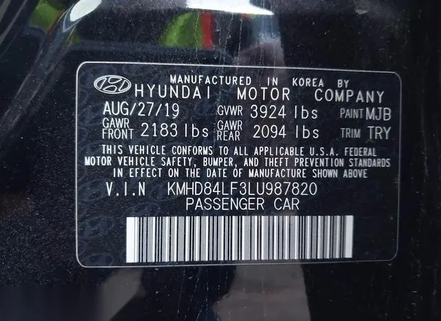 KMHD84LF3LU987820 2020 2020 Hyundai Elantra- Sel 9