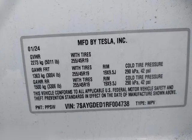 7SAYGDED1RF004738 2024 2024 Tesla Model Y- Long Range Dual 9