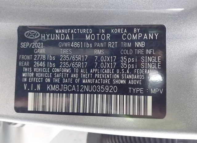 KM8JBCA12NU035920 2022 2022 Hyundai Tucson- Hybrid Blue 9