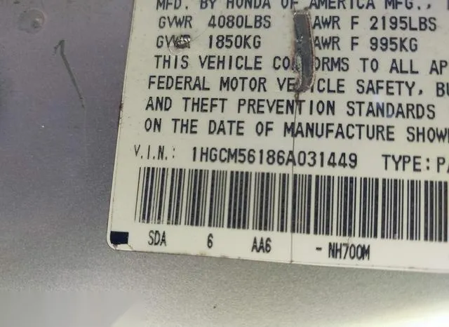 1HGCM56186A031449 2006 2006 Honda Accord- 2-4 VP 9