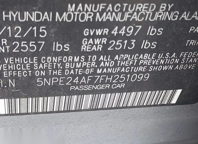 5NPE24AF7FH251099 2015 2015 Hyundai Sonata- SE 9