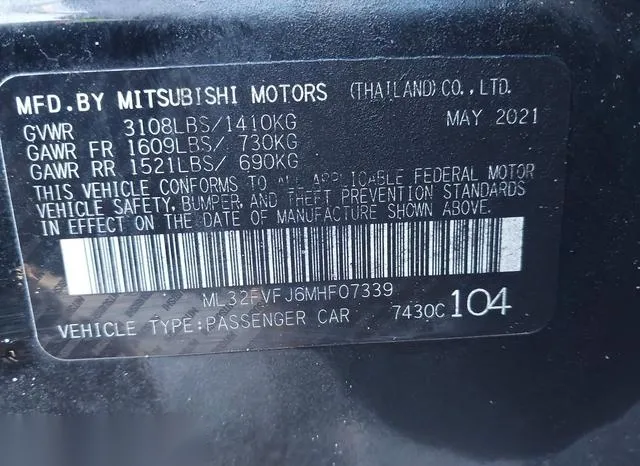 ML32FVFJ6MHF07339 2021 2021 Mitsubishi Mirage- G4 SE 9