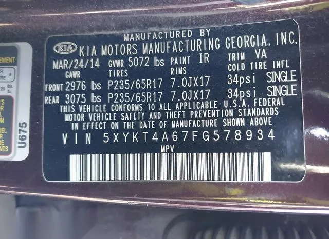 5XYKT4A67FG578934 2015 2015 KIA Sorento- LX 9