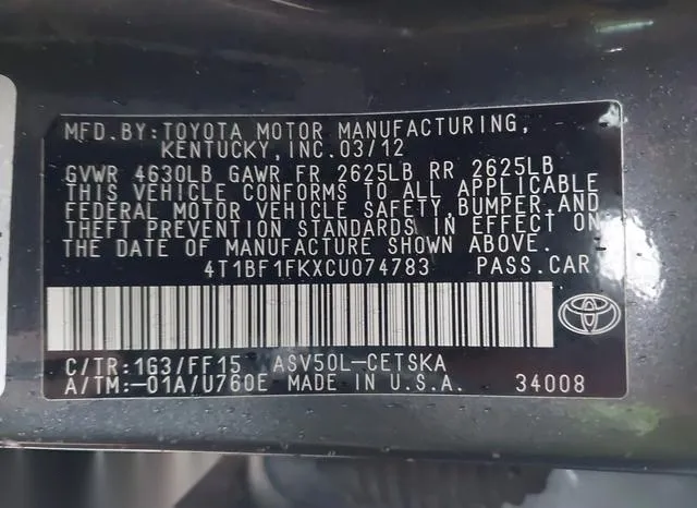 4T1BF1FKXCU074783 2012 2012 Toyota Camry- SE 9