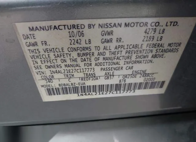 1N4AL21E27C117773 2007 2007 Nissan Altima- 2-5 S 9